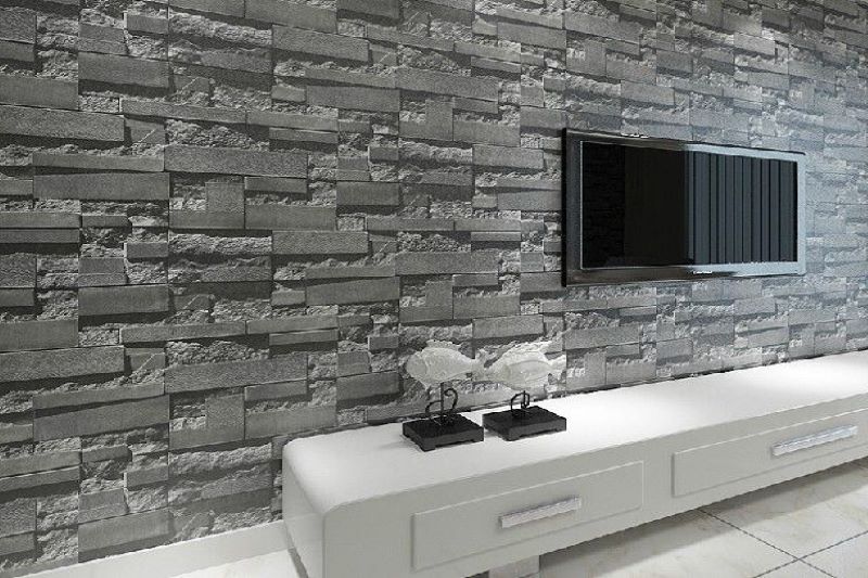 ColourDrive-Polyvinyl Chloride Gray Bricks House Wall Wallpaper Design for Living Room